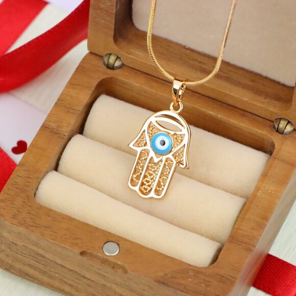 "Rose Gold Hamsa Hand Pendant with Blue Evil Eye and Filigree Design, XPPT1483 - Picture 2 of 12